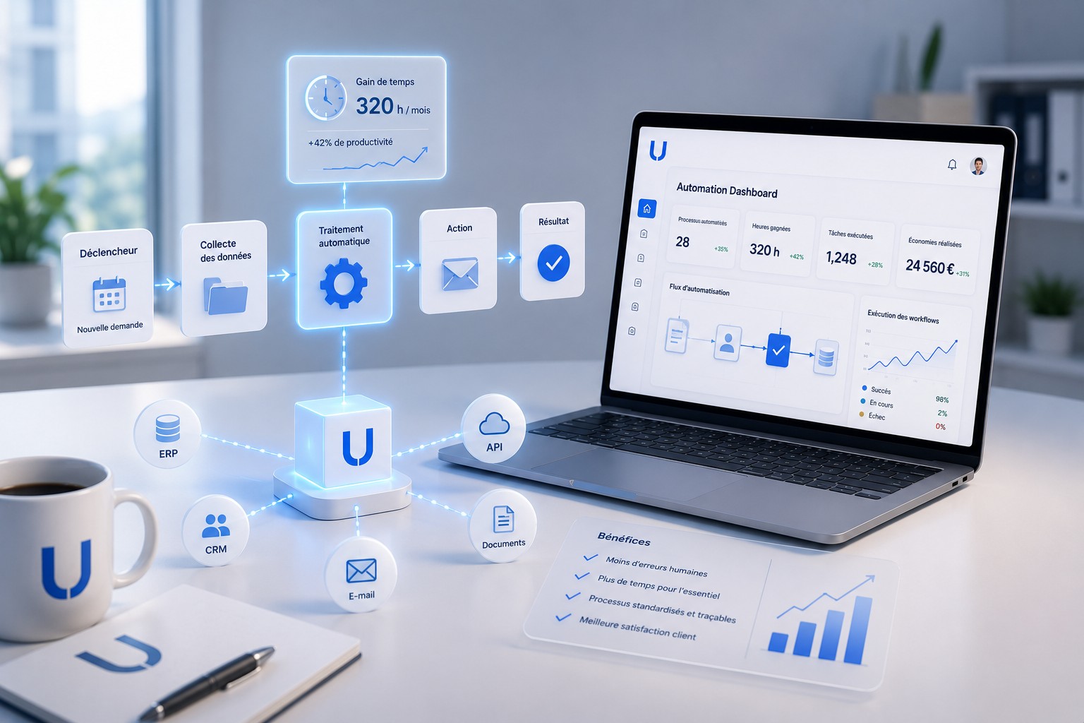 Illustration d'un flux d'automatisation (déclencheur, collecte de données, traitement automatique, action, résultat) connecté à vos outils ERP, CRM, e-mail et documents, visualisé sur un tableau de bord