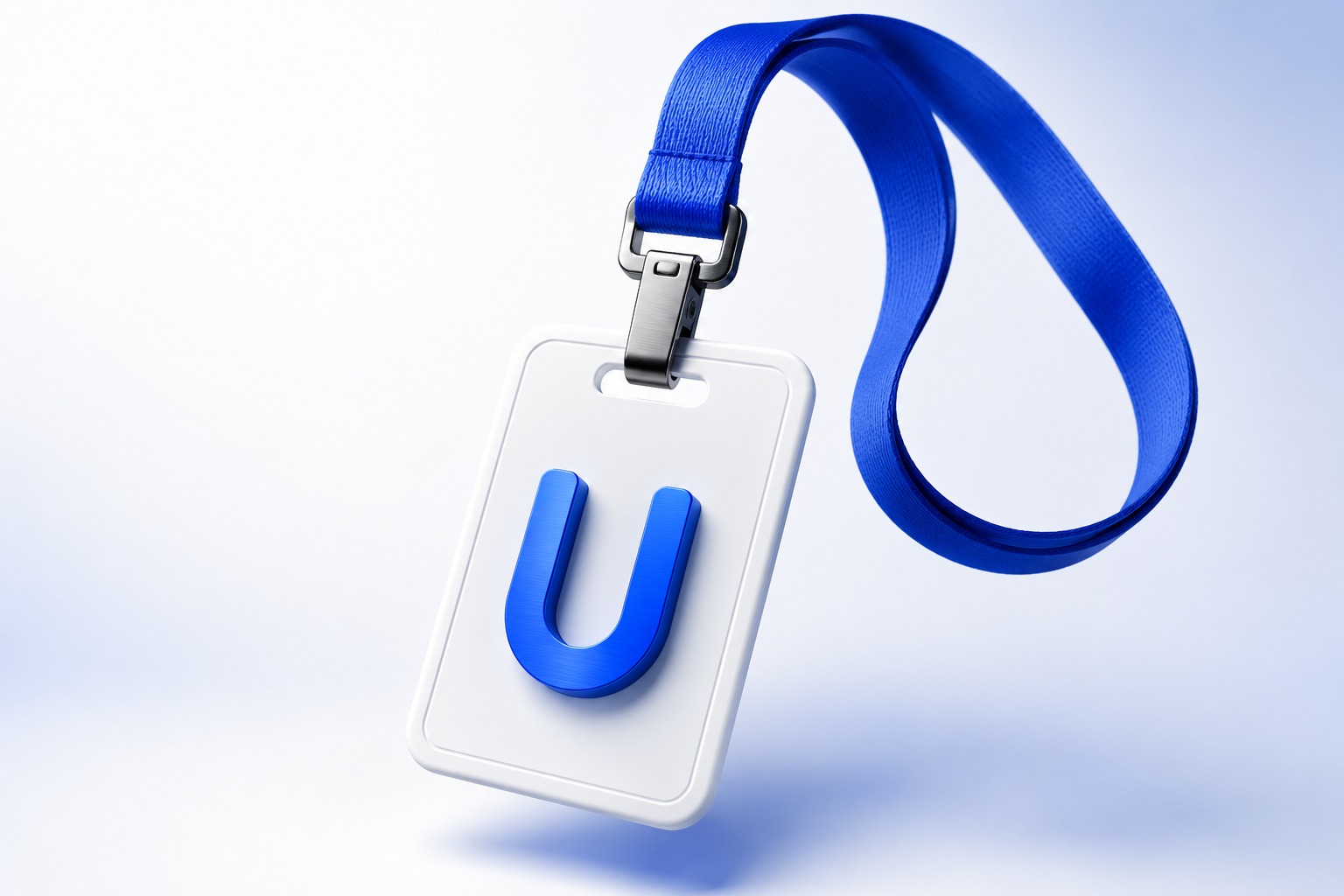 Badge professionnel Hub Infogérance IDF sur lanière bleue, avec le logo U en relief