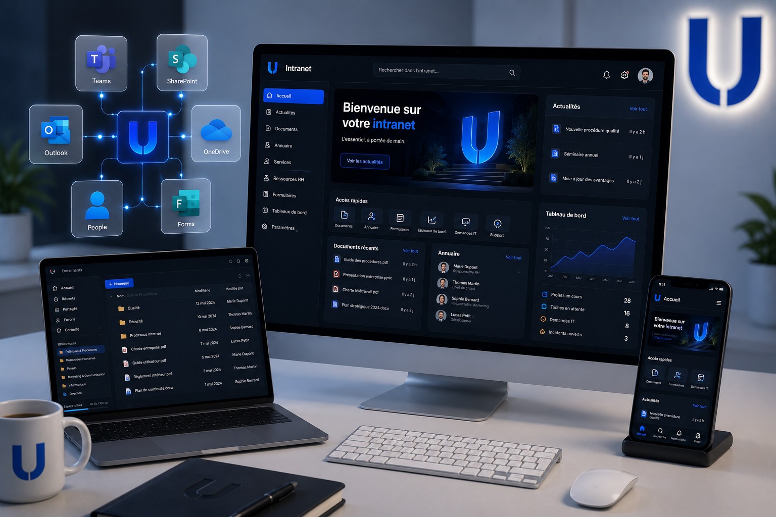 Portail intranet affiché sur ordinateur, ordinateur portable et smartphone, avec actualités, annuaire, documents et tableau de bord, connecté à Microsoft Teams, SharePoint, Outlook et OneDrive