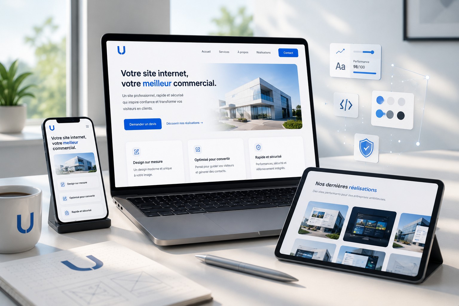 Site internet professionnel affiché sur ordinateur portable, smartphone et tablette, avec design sur mesure, optimisation pour la conversion et sécurité intégrée