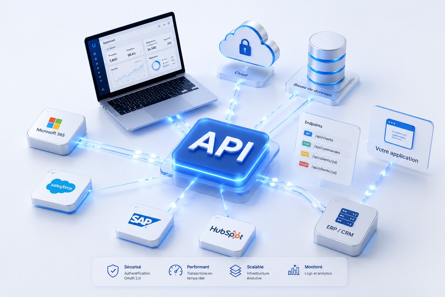 Développement d'API reliant votre application à Microsoft 365, Salesforce, SAP, HubSpot, un ERP/CRM, une base de données et le Cloud, de façon sécurisée, performante et monitorée