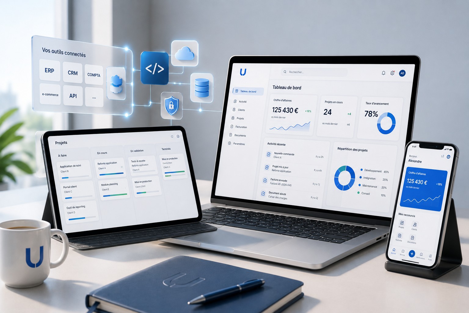 Tableau de bord d'application métier sur ordinateur, tablette et smartphone : chiffre d'affaires, projets en cours, taux d'avancement et connexion à vos outils ERP, CRM et comptabilité