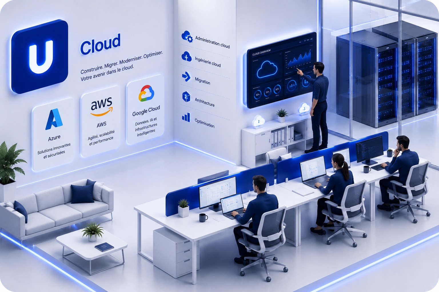 Illustration isométrique d'un plateau Cloud chez Hub Infogérance IDF : équipes travaillant sur des projets Azure, AWS et Google Cloud, avec un tableau de bord de supervision cloud et une salle serveurs en arrière-plan