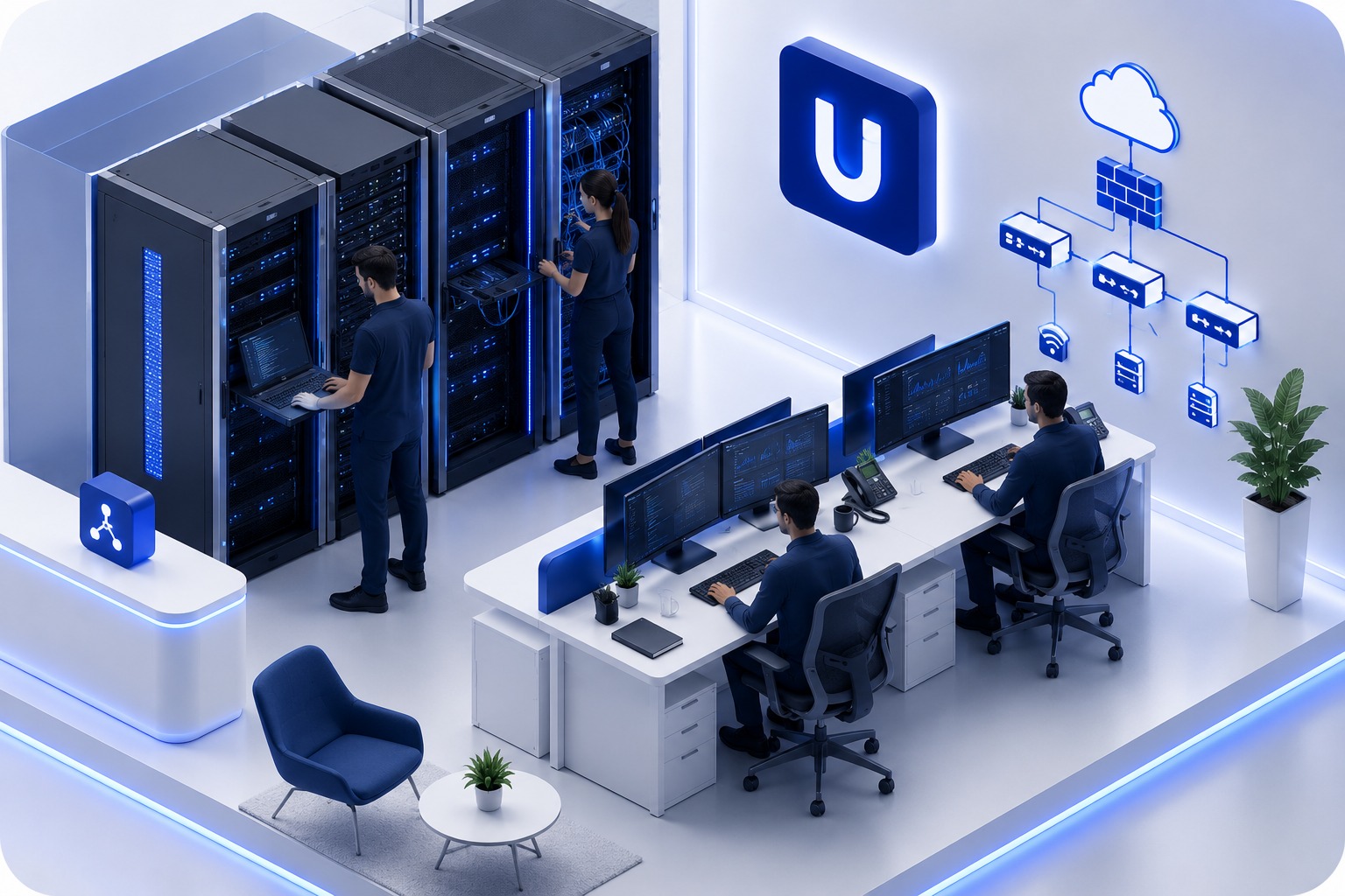 Illustration isométrique d'une salle serveurs Hub Infogérance IDF avec baies réseau, techniciens en intervention, et un poste de supervision à plusieurs écrans