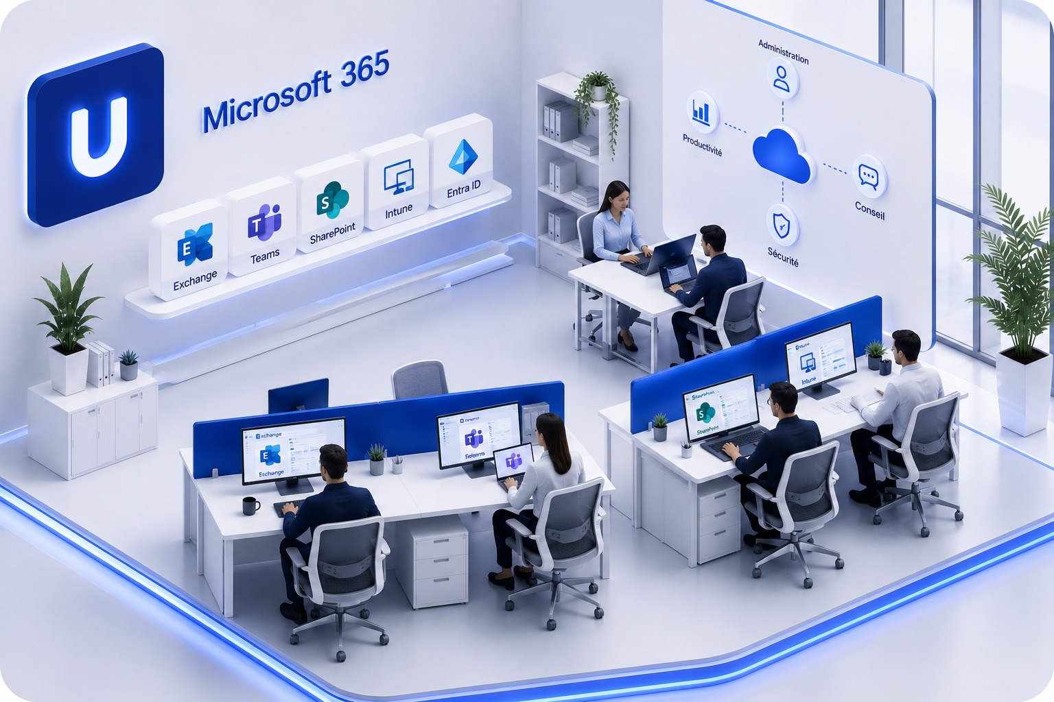 Illustration isométrique d'un plateau Microsoft 365 chez Hub Infogérance IDF : équipes travaillant sur Exchange, Teams, SharePoint, Intune et Entra ID, avec un schéma d'administration, productivité, sécurité et conseil