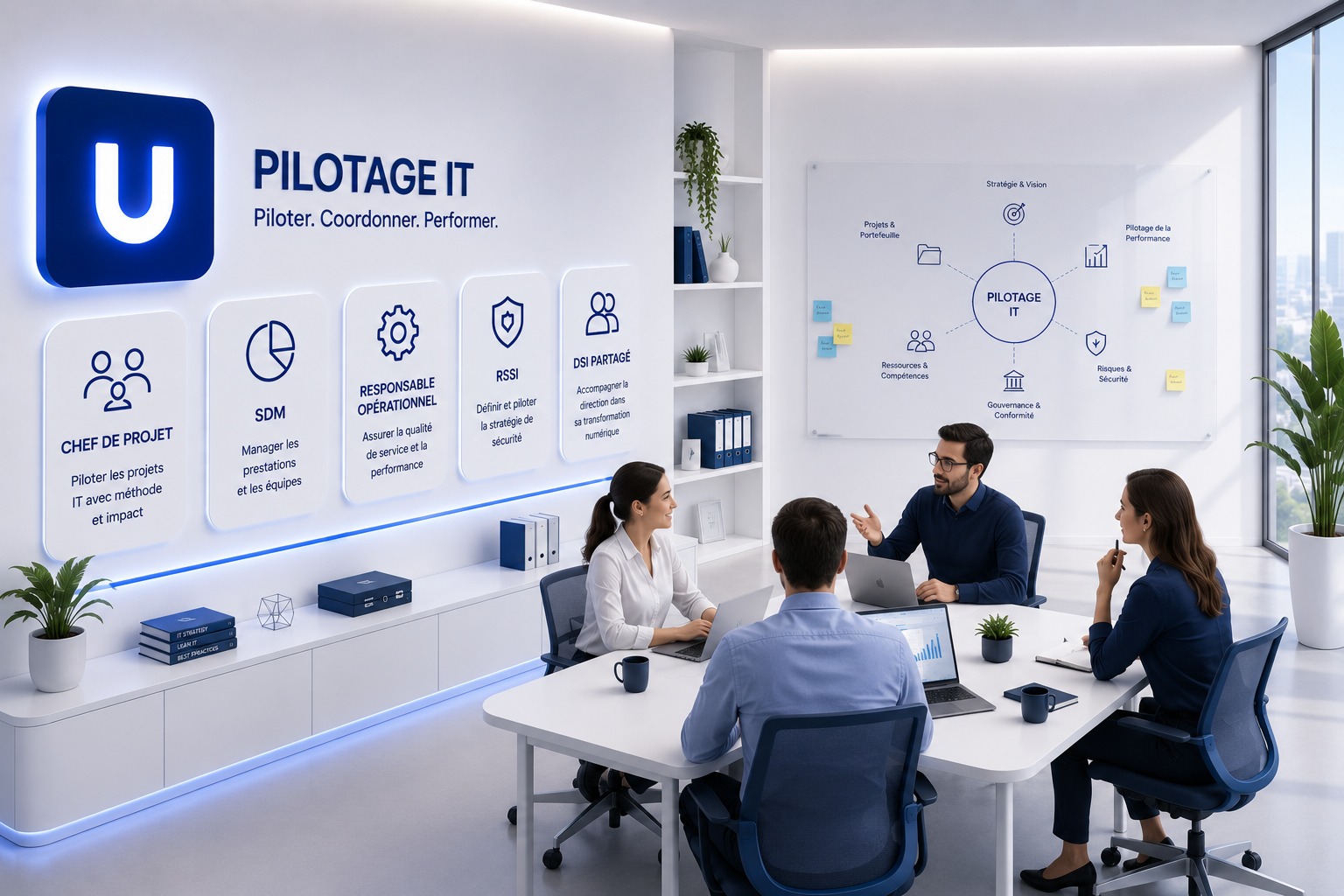Illustration isométrique d'une salle de réunion Pilotage IT chez Hub Infogérance IDF : chef de projet, SDM, responsable opérationnel, RSSI et DSI partagé échangeant autour d'un schéma de gouvernance, stratégie, ressources et risques