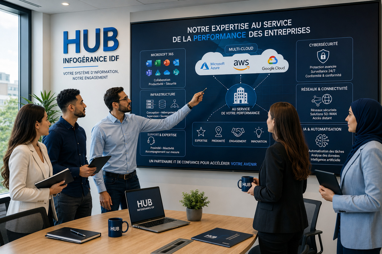 Logo U de Hub Infogérance IDF en volume, entouré d'orbites et de particules bleues et orange, symbolisant le Hub des talents IT