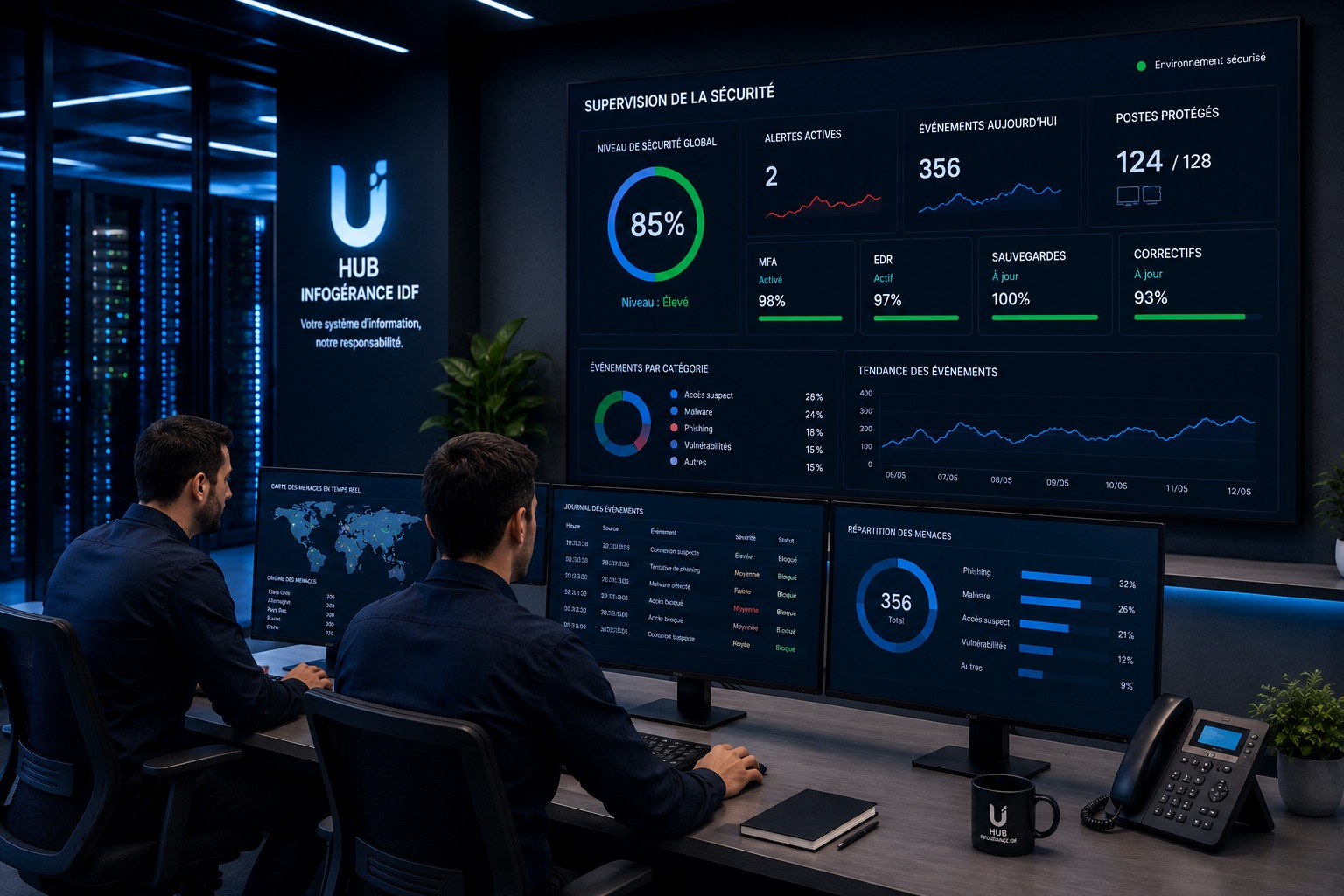 Cybersécurité entreprise supervisée par une équipe informatique