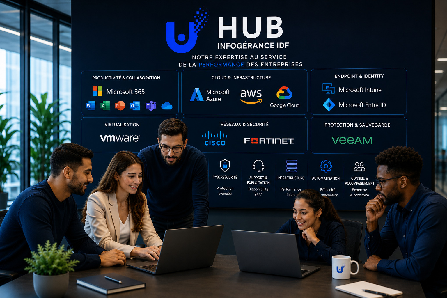 Équipe Hub Infogérance IDF collaborant autour des technologies métiers informatique : Microsoft 365, Azure, AWS, Google Cloud, VMware, Cisco, Fortinet, Veeam, cybersécurité et infrastructure.